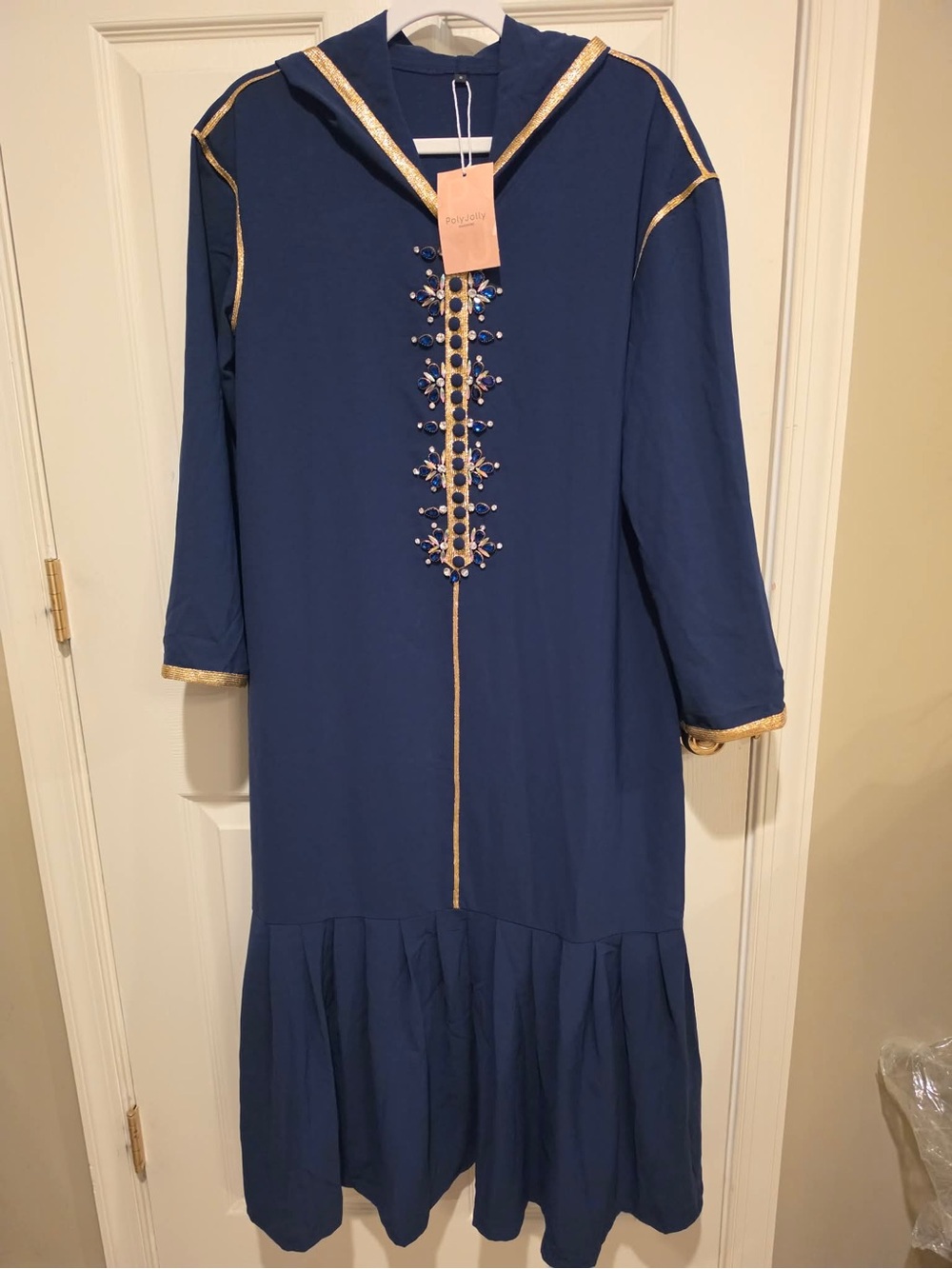 PolyJolly Handmade Beaded Abaya Navy Blue Hooded Dress size Small NWT